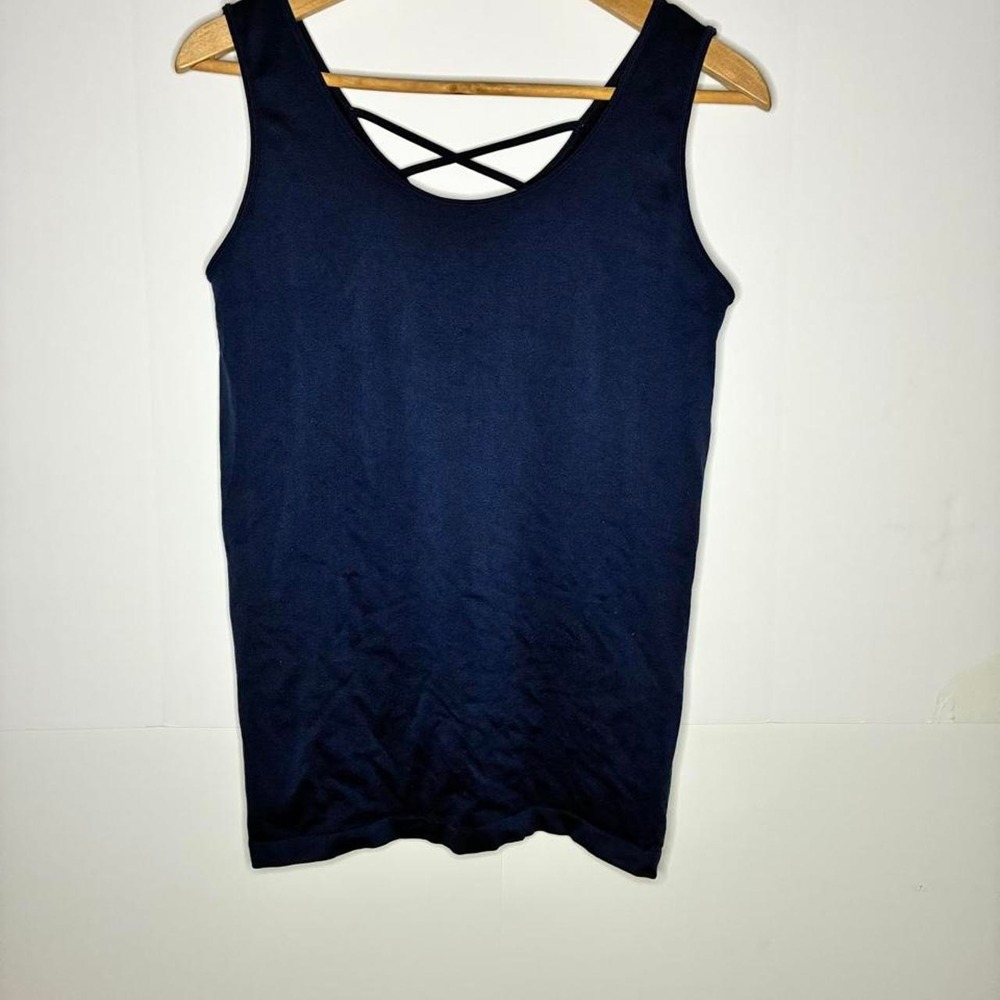 Navy blue tank top with criss-cross straps